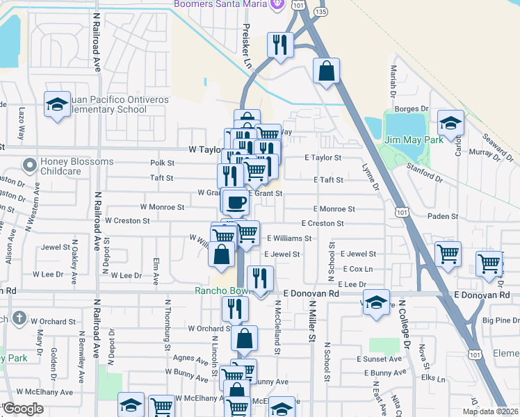 map of restaurants, bars, coffee shops, grocery stores, and more near in Santa Maria