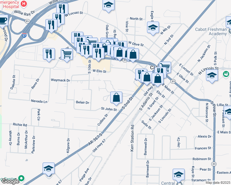 map of restaurants, bars, coffee shops, grocery stores, and more near 2 Chapel Ridge Drive in Cabot
