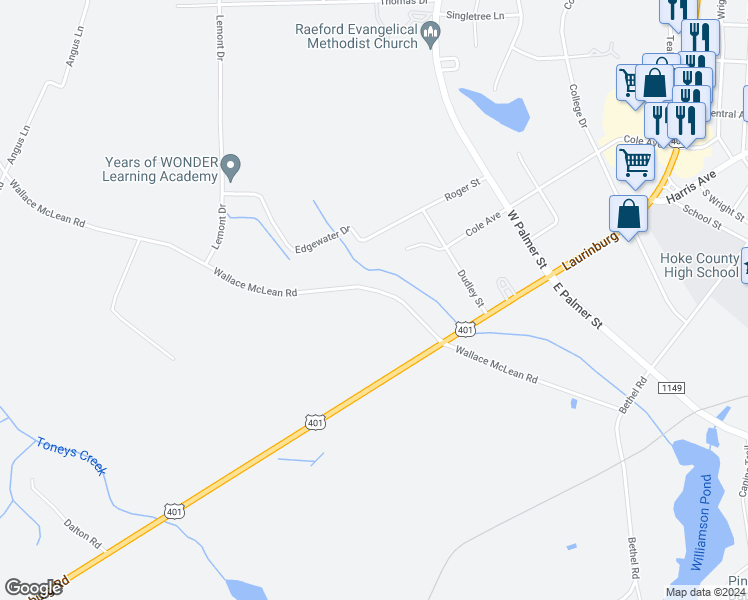 map of restaurants, bars, coffee shops, grocery stores, and more near 683 Wallace McLean Road in Raeford
