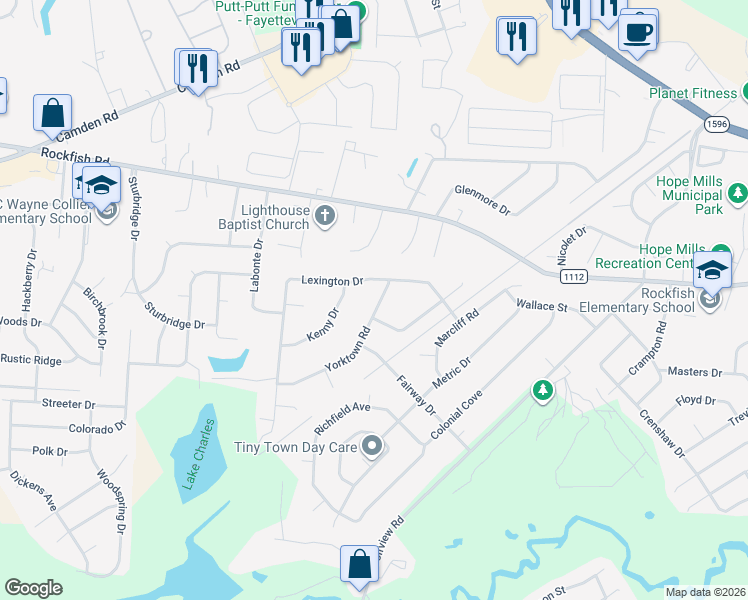map of restaurants, bars, coffee shops, grocery stores, and more near 6015 Lexington Drive in Hope Mills