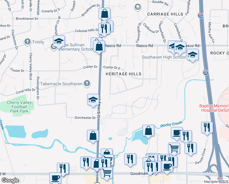 map of restaurants, bars, coffee shops, grocery stores, and more near 7664 Ragland Place in Southaven