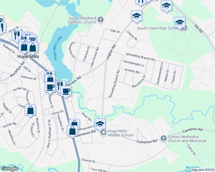 map of restaurants, bars, coffee shops, grocery stores, and more near 4813 Legion Road in Hope Mills