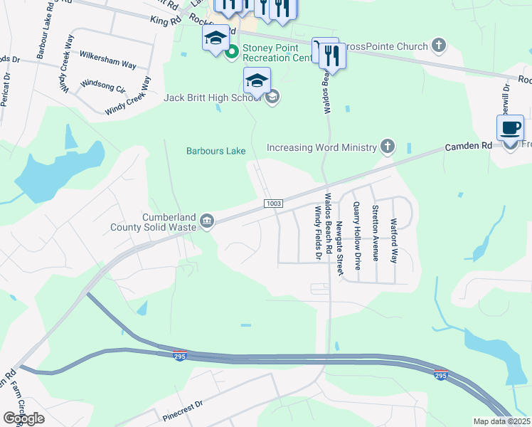 map of restaurants, bars, coffee shops, grocery stores, and more near 2708 Plum Ridge Road in Fayetteville