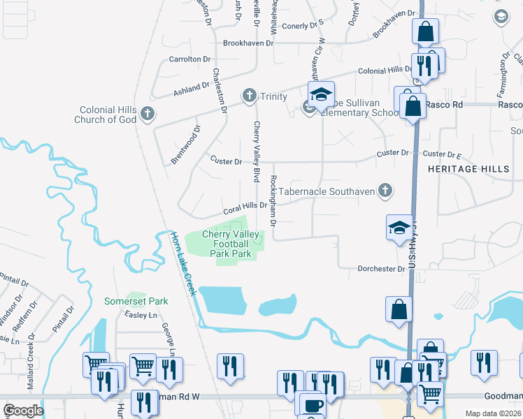map of restaurants, bars, coffee shops, grocery stores, and more near 7582 Cherry Valley Boulevard in Southaven