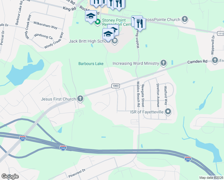 map of restaurants, bars, coffee shops, grocery stores, and more near 2640 Plum Ridge Road in Fayetteville