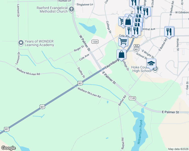 map of restaurants, bars, coffee shops, grocery stores, and more near 752 Laurinburg Road in Raeford