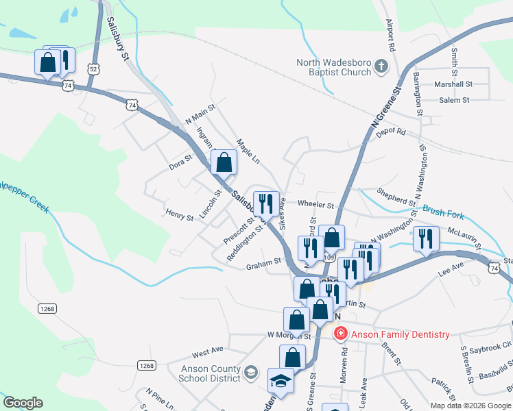map of restaurants, bars, coffee shops, grocery stores, and more near 507 Lodge Street in Wadesboro