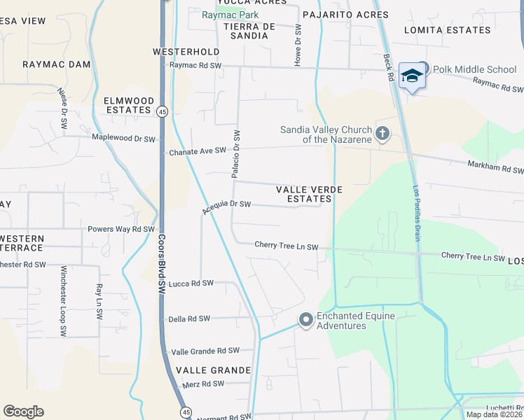 map of restaurants, bars, coffee shops, grocery stores, and more near 2625 Acequia Drive Southwest in Albuquerque