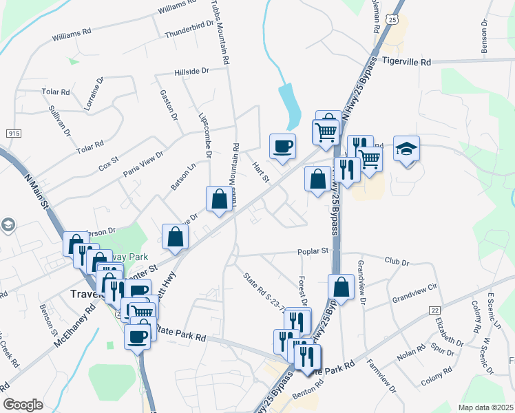 map of restaurants, bars, coffee shops, grocery stores, and more near 218 North Poinsett Highway in Travelers Rest