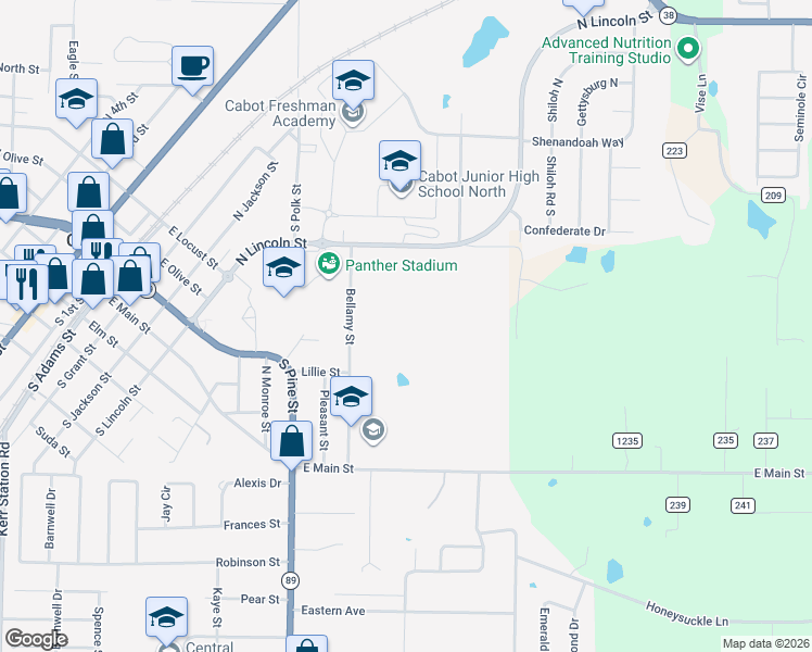 map of restaurants, bars, coffee shops, grocery stores, and more near 907 North Lincoln Street in Cabot