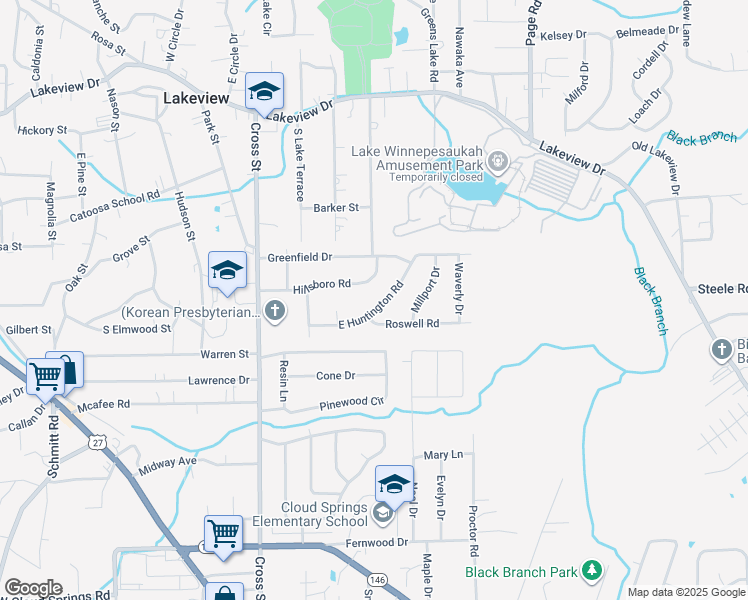map of restaurants, bars, coffee shops, grocery stores, and more near 296 Hillsboro Road in Rossville