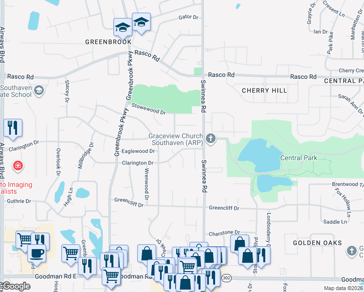 map of restaurants, bars, coffee shops, grocery stores, and more near 869 Birchfield Place in Southaven