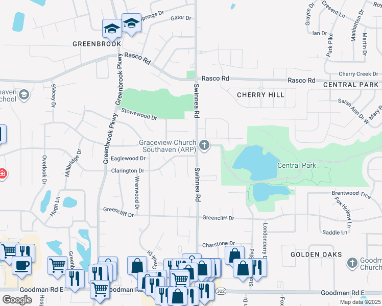 map of restaurants, bars, coffee shops, grocery stores, and more near 976 Clarington Drive in Southaven