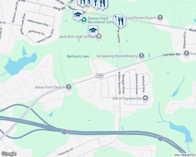 map of restaurants, bars, coffee shops, grocery stores, and more near 2704 Plum Ridge Road in Fayetteville