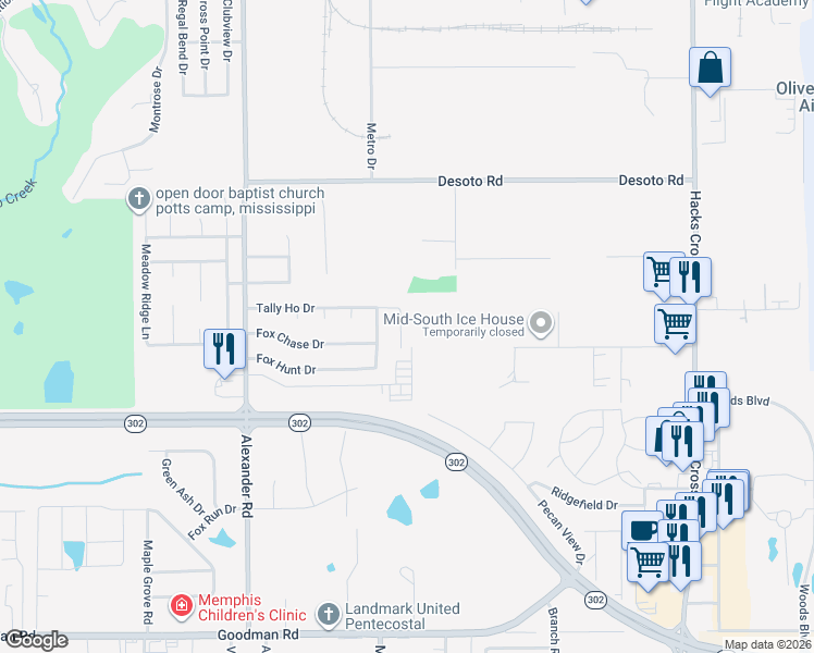 map of restaurants, bars, coffee shops, grocery stores, and more near 7668 Tally Ho Drive East in Olive Branch