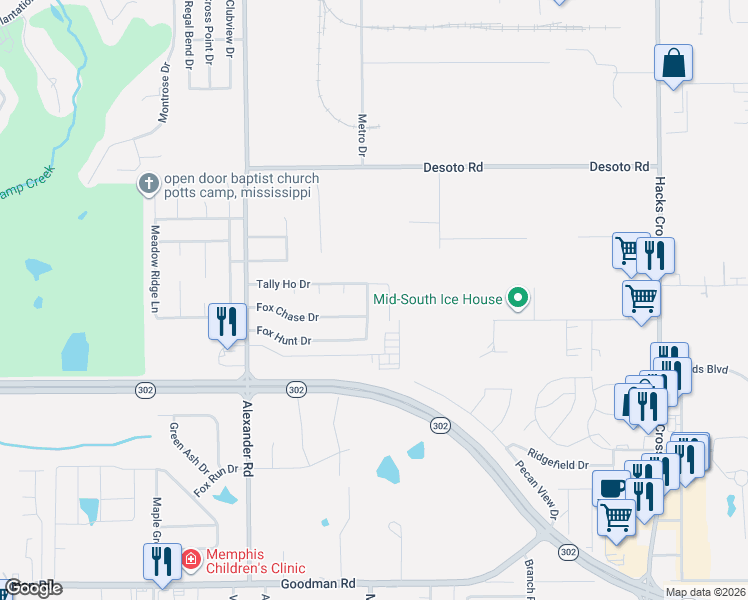 map of restaurants, bars, coffee shops, grocery stores, and more near 7642 Fox Hunt Drive East in Olive Branch
