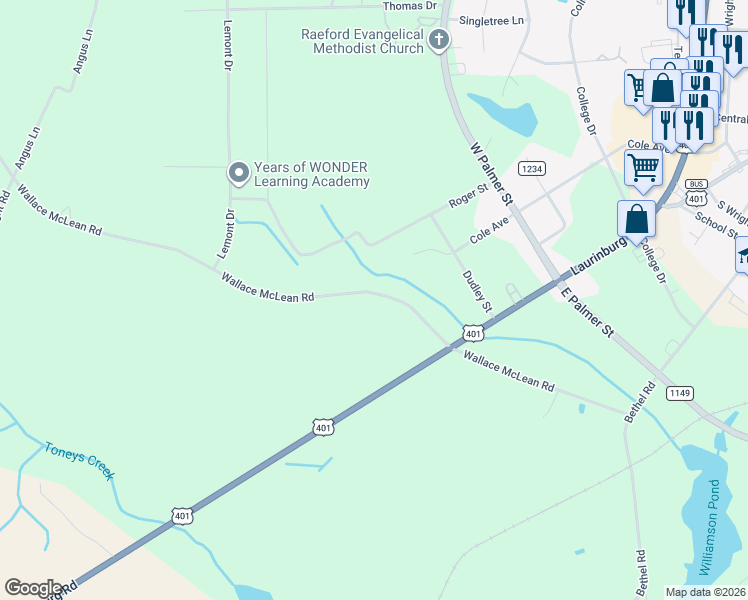 map of restaurants, bars, coffee shops, grocery stores, and more near 683 Wallace McLean Road in Raeford