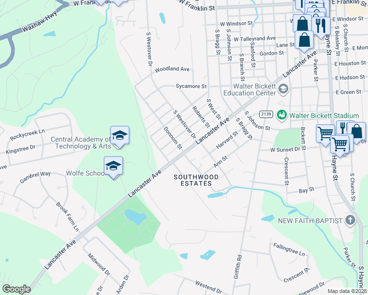 map of restaurants, bars, coffee shops, grocery stores, and more near 1306 Lancaster Avenue in Monroe