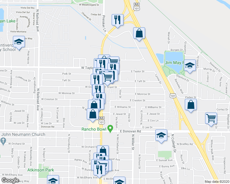 map of restaurants, bars, coffee shops, grocery stores, and more near 1865 River Ranch Drive in Santa Maria