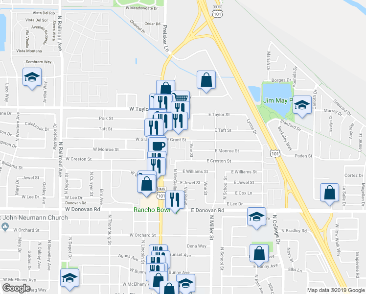 map of restaurants, bars, coffee shops, grocery stores, and more near 1867 River Ranch Drive in Santa Maria