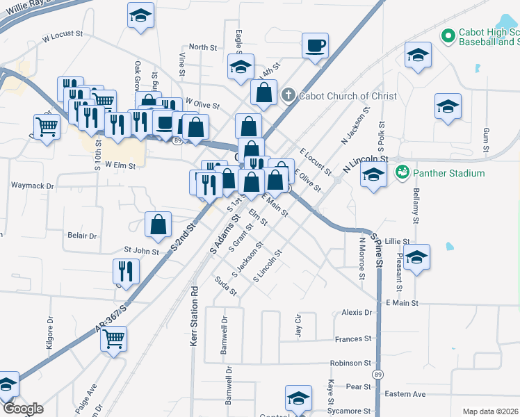 map of restaurants, bars, coffee shops, grocery stores, and more near 111 South Adams Street in Cabot