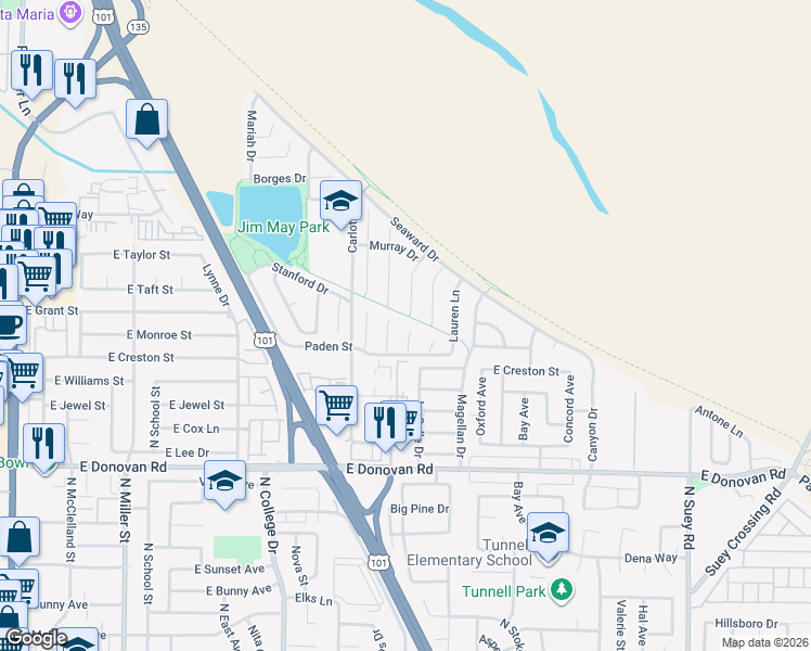 map of restaurants, bars, coffee shops, grocery stores, and more near 1821 Jesselle Ct in Santa Maria
