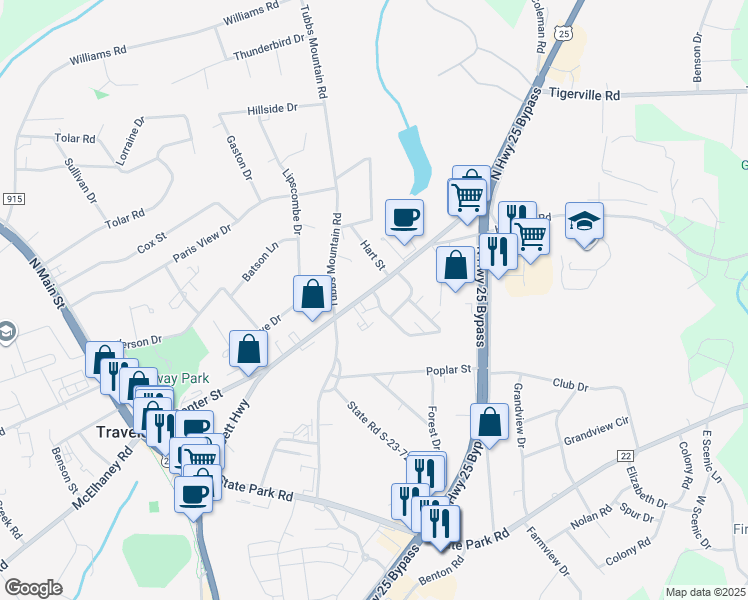 map of restaurants, bars, coffee shops, grocery stores, and more near 218 North Poinsett Highway in Travelers Rest