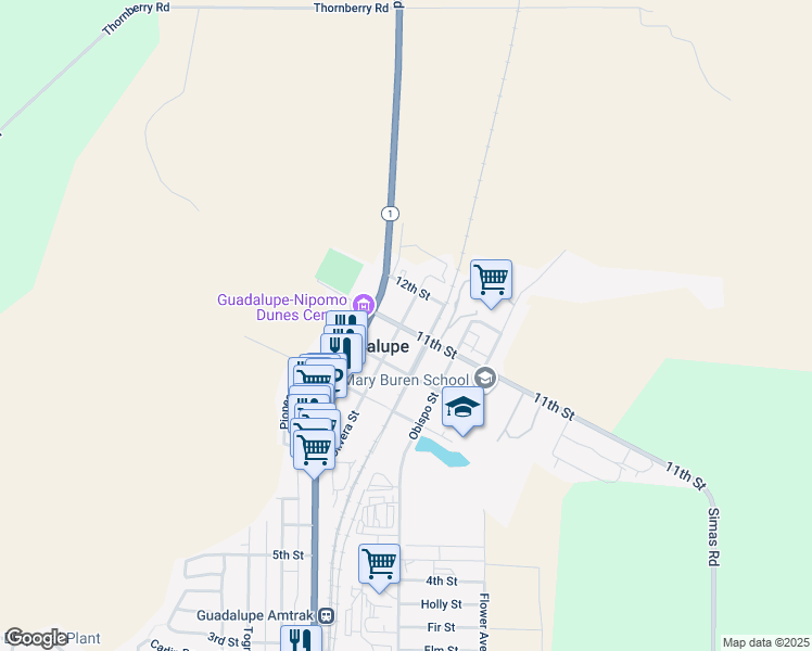 map of restaurants, bars, coffee shops, grocery stores, and more near 1104 Olivera Street in Guadalupe