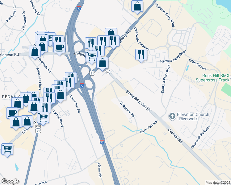 map of restaurants, bars, coffee shops, grocery stores, and more near 826 Wilkerson Road in Rock Hill