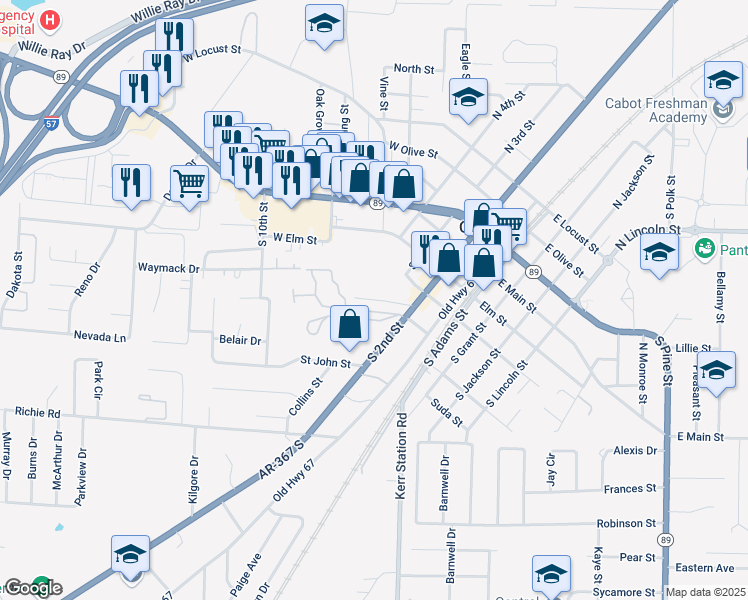 map of restaurants, bars, coffee shops, grocery stores, and more near 1 Park Drive in Cabot