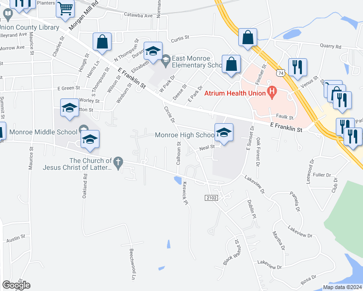 map of restaurants, bars, coffee shops, grocery stores, and more near 1003 Calhoun Street in Monroe