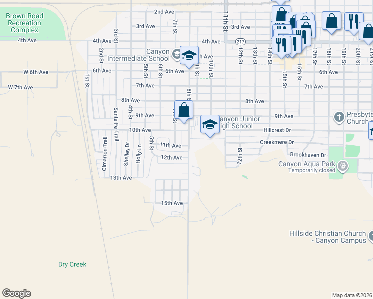 map of restaurants, bars, coffee shops, grocery stores, and more near 1102 8th St in Canyon
