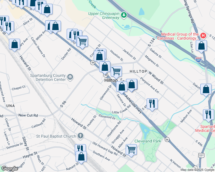 map of restaurants, bars, coffee shops, grocery stores, and more near 501 El Paso Street in Spartanburg