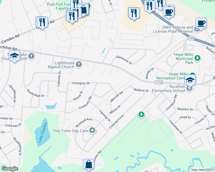 map of restaurants, bars, coffee shops, grocery stores, and more near 5935 Lexington Drive in Hope Mills