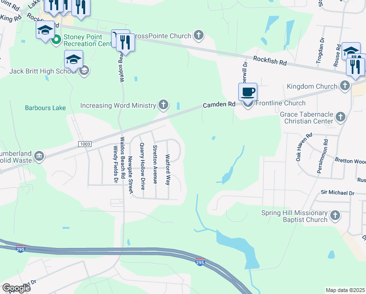 map of restaurants, bars, coffee shops, grocery stores, and more near 2430 Market Hill Drive in Fayetteville