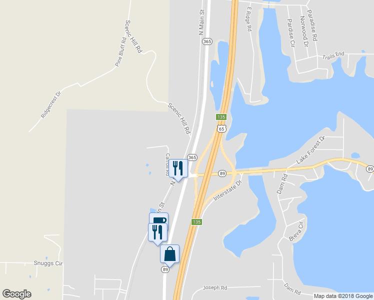 map of restaurants, bars, coffee shops, grocery stores, and more near North Main Street in Mayflower