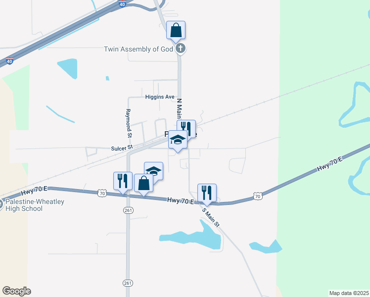 map of restaurants, bars, coffee shops, grocery stores, and more near 105 West Wood Avenue in Palestine