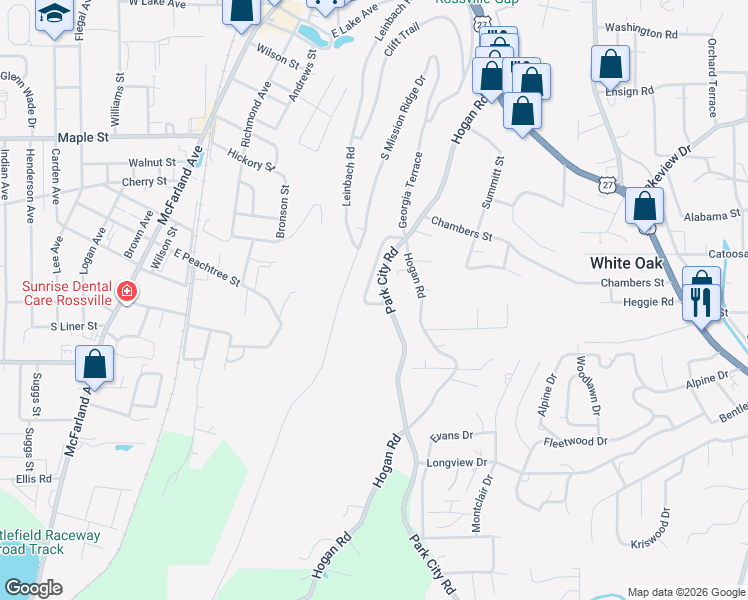 map of restaurants, bars, coffee shops, grocery stores, and more near 1591 Park City Road in Rossville