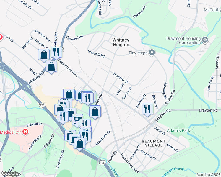 map of restaurants, bars, coffee shops, grocery stores, and more near 258 Boundary Drive in Spartanburg