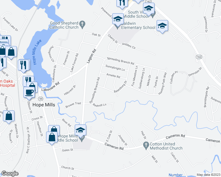 map of restaurants, bars, coffee shops, grocery stores, and more near 4110 Batesburg Drive in Hope Mills