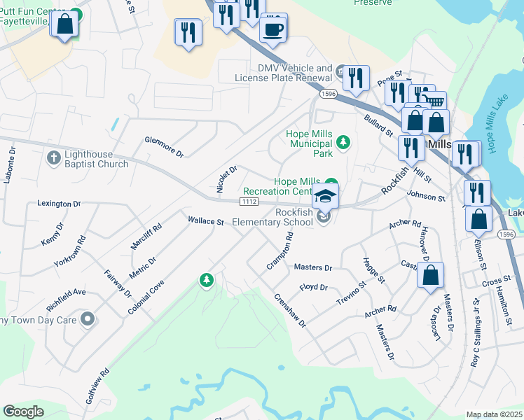 map of restaurants, bars, coffee shops, grocery stores, and more near 3501 Golfview Road in Hope Mills