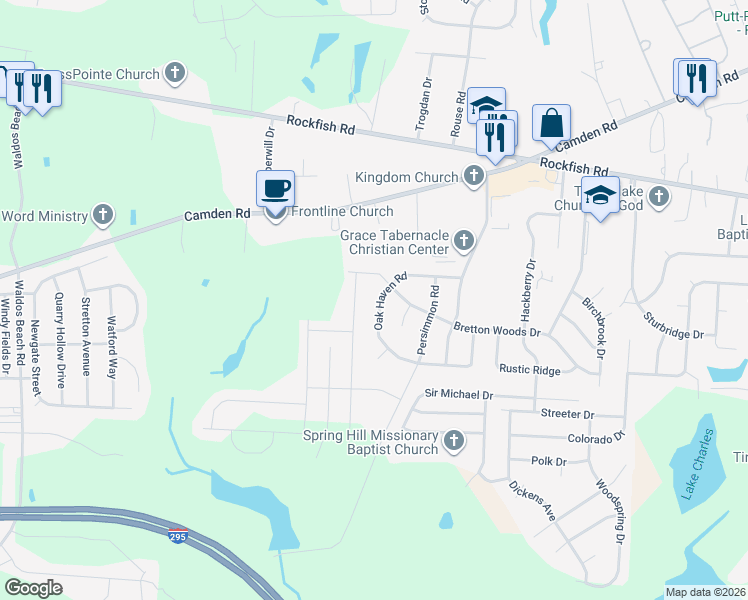 map of restaurants, bars, coffee shops, grocery stores, and more near 3843 Oak Haven Road in Hope Mills