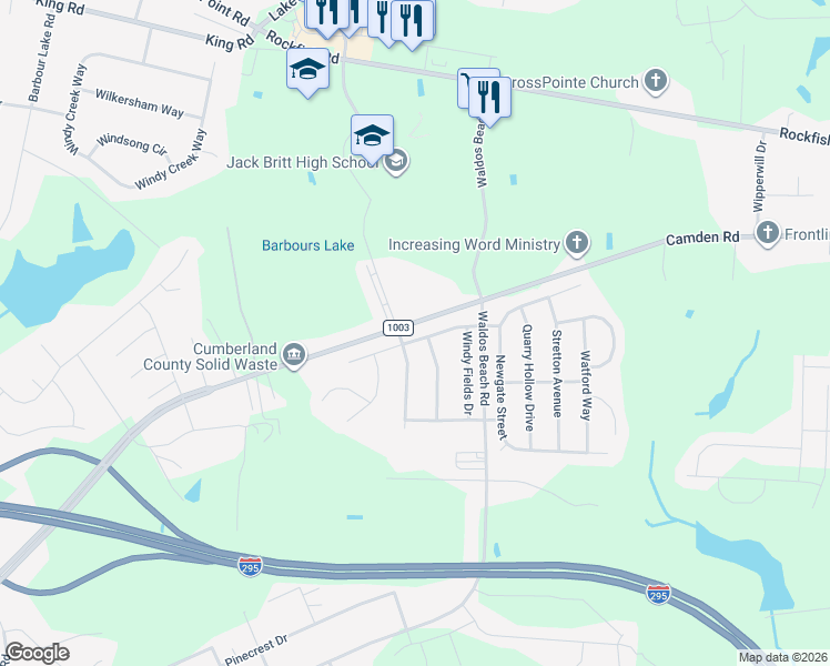 map of restaurants, bars, coffee shops, grocery stores, and more near 2640 Plum Ridge Road in Fayetteville