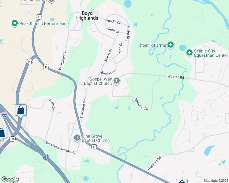 map of restaurants, bars, coffee shops, grocery stores, and more near 89 Bowling Rd. in Ringgold