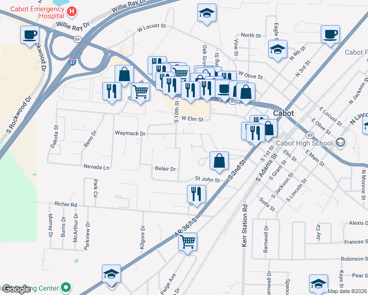 map of restaurants, bars, coffee shops, grocery stores, and more near 25 South 10th Street in Cabot