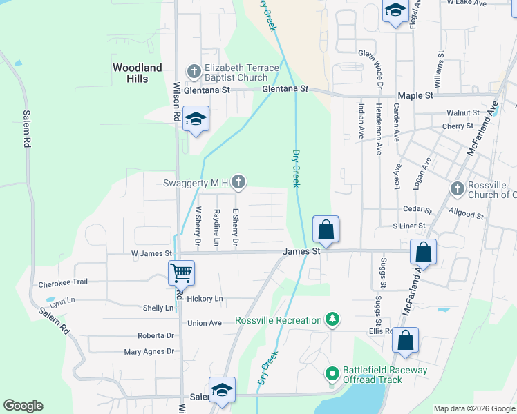 map of restaurants, bars, coffee shops, grocery stores, and more near 601 James Street in Rossville