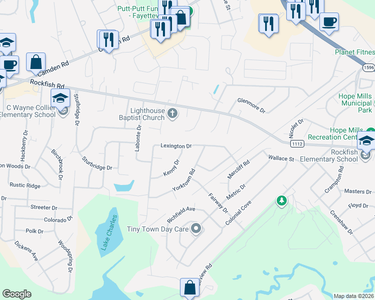 map of restaurants, bars, coffee shops, grocery stores, and more near 6015 Lexington Drive in Hope Mills
