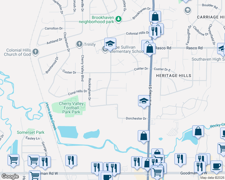 map of restaurants, bars, coffee shops, grocery stores, and more near 1757 Coral Hills Drive in Southaven