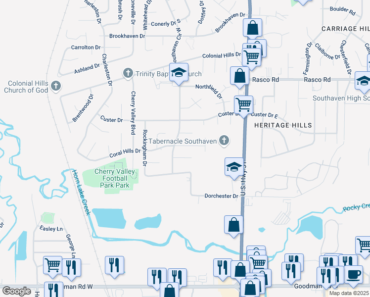 map of restaurants, bars, coffee shops, grocery stores, and more near 1771 Coral Hills Drive in Southaven