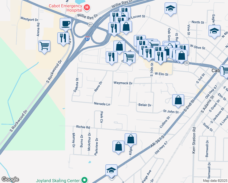 map of restaurants, bars, coffee shops, grocery stores, and more near 65 Nevada Lane in Cabot